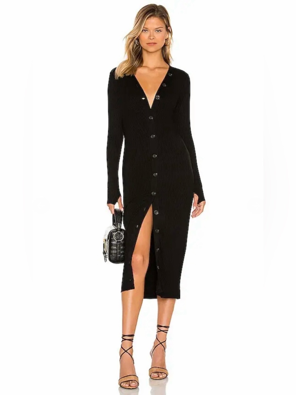ENZA COSTA Rib Cardigan Midi Long Sleeve Cardigan Dress in Black